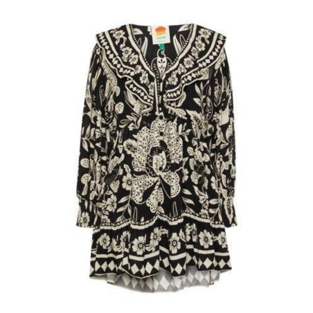 FARM RIO NWT Black & White Graphic Tropical Floral Bird Printed Ruffle Dress S - Picture 4 of 9